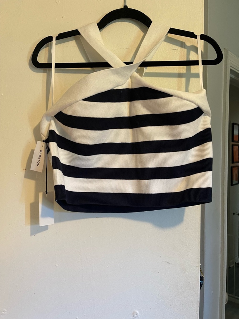 Aritzia Navy and White Striped Halter Cross-Back Crop Top